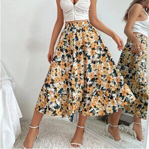 🤍 Yellow Floral Midi Skirt | Flowing Boho A-Line Summer Skirt | Size M
